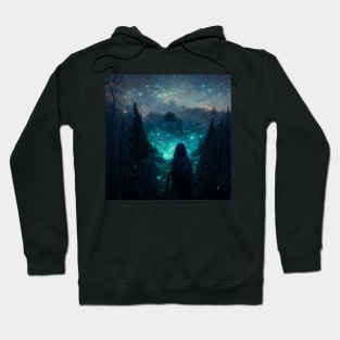 Black hooded witch in a forest with magical blue stars in the sky Hoodie